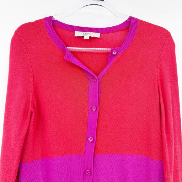 LOFT Colorblock Orange Magenta Cardigan Sweater Lightweight Womens Size Med - Picture 4 of 11